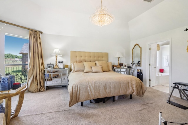 carpeted bedroom with connected bathroom, visible vents, and a notable chandelier