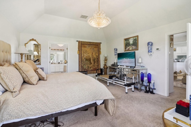 carpeted bedroom with a notable chandelier, visible vents, ensuite bathroom, vaulted ceiling, and baseboards