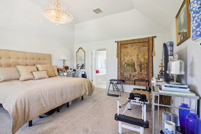 bedroom with lofted ceiling, visible vents, carpet flooring, connected bathroom, and a chandelier