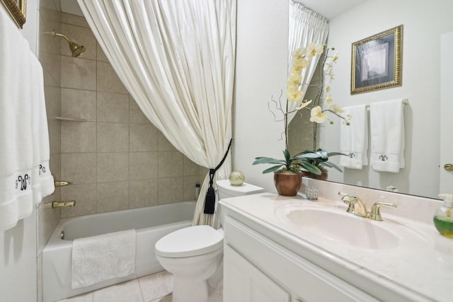 full bathroom with tile patterned flooring, vanity, toilet, and shower / tub combo with curtain