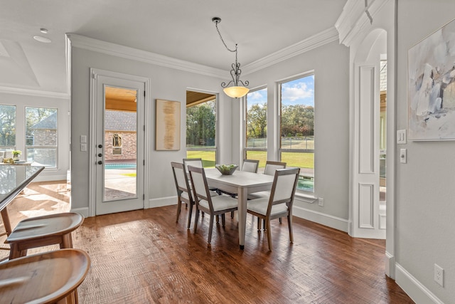 dining area with dark hardwood / wood-style floors and crown molding