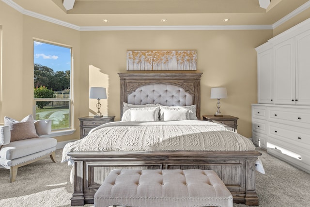 bedroom featuring carpet flooring, crown molding, and ceiling fan