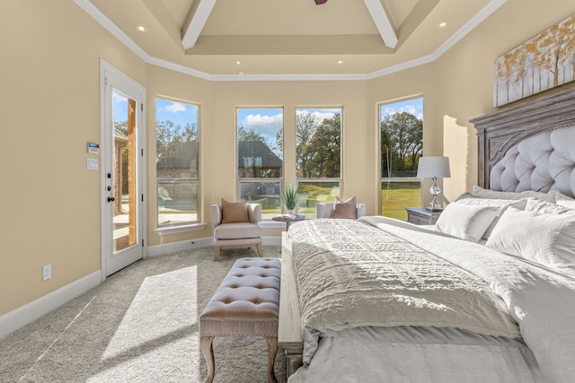 bedroom featuring carpet floors, multiple windows, and crown molding