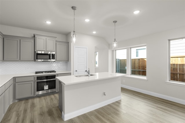 kitchen featuring light hardwood / wood-style flooring, a kitchen island with sink, stainless steel appliances, and sink