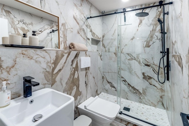 bathroom featuring tile walls, sink, toilet, and walk in shower