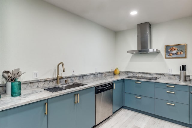 kitchen featuring sink, dishwasher, black electric stovetop, light stone countertops, and wall chimney exhaust hood