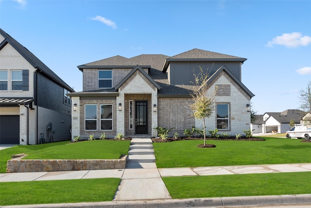 5265 Great Hollow Trl, Fort Worth, TX 76179 - view of front facade with roof with shingles, stone siding, and a front yard