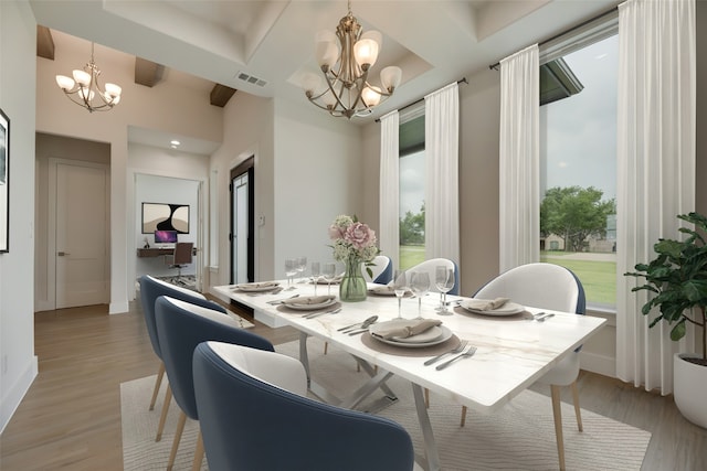 dining area featuring beamed ceiling, light hardwood / wood-style floors, and a notable chandelier