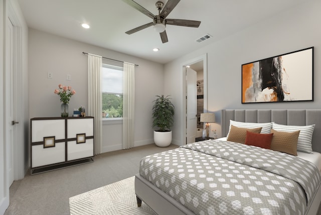 carpeted bedroom featuring ceiling fan