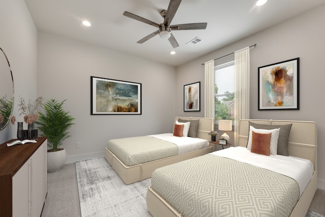 carpeted bedroom featuring ceiling fan