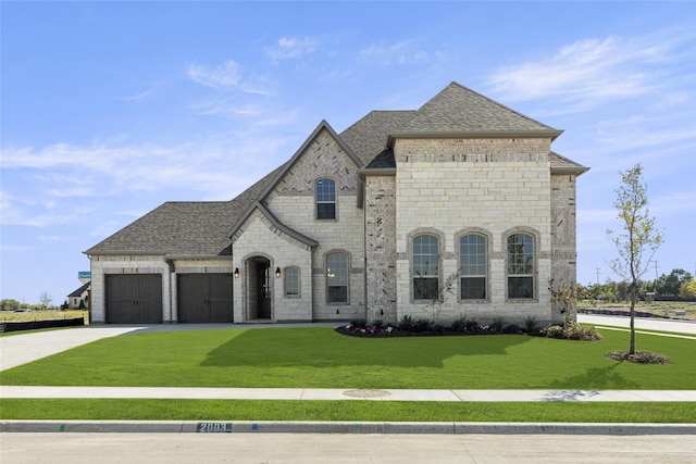 french country inspired facade featuring a front yard and a garage