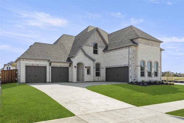 french country inspired facade featuring a front yard and a garage