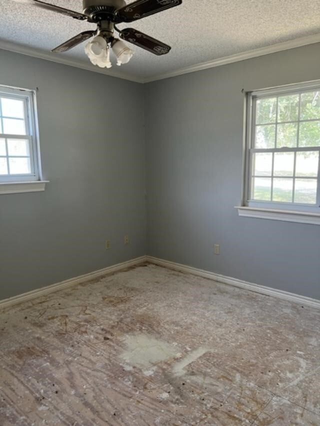 spare room featuring ceiling fan, plenty of natural light, crown molding, and a textured ceiling