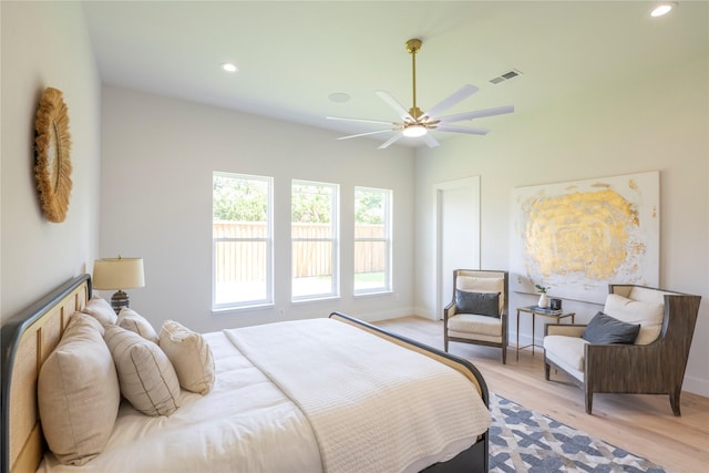 bedroom featuring ceiling fan and light wood-type flooring