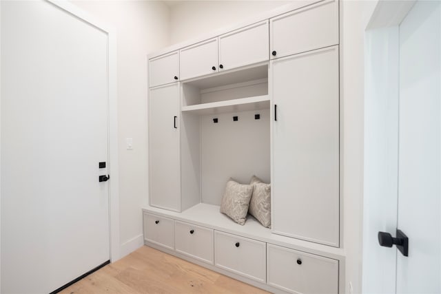 mudroom with light hardwood / wood-style floors