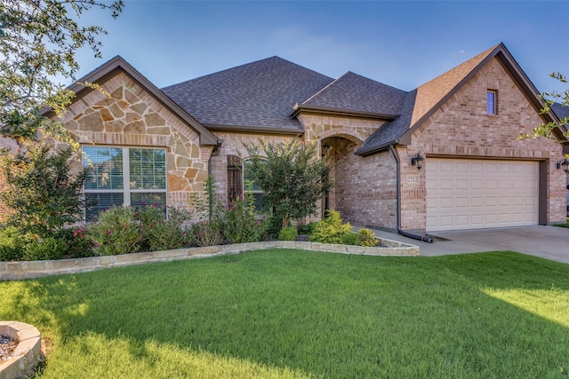 view of front of property featuring a garage and a front lawn