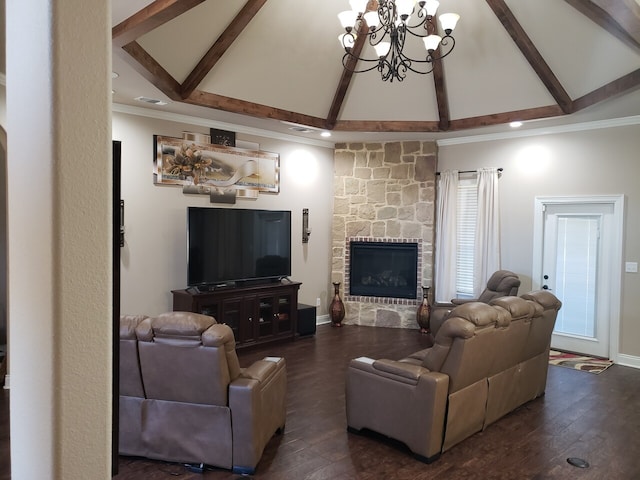 living room featuring dark hardwood / wood-style flooring, a fireplace, beamed ceiling, and a chandelier