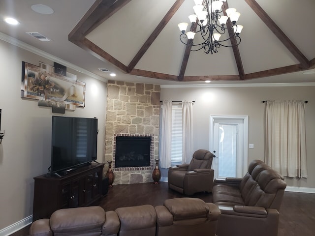 living room with an inviting chandelier, a stone fireplace, beamed ceiling, high vaulted ceiling, and dark hardwood / wood-style floors