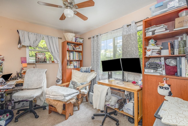 office area with carpet floors and ceiling fan