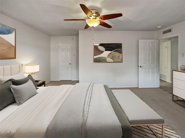 bedroom featuring carpet floors and ceiling fan