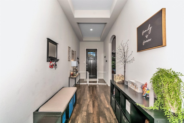 interior space with dark hardwood / wood-style flooring and a tray ceiling