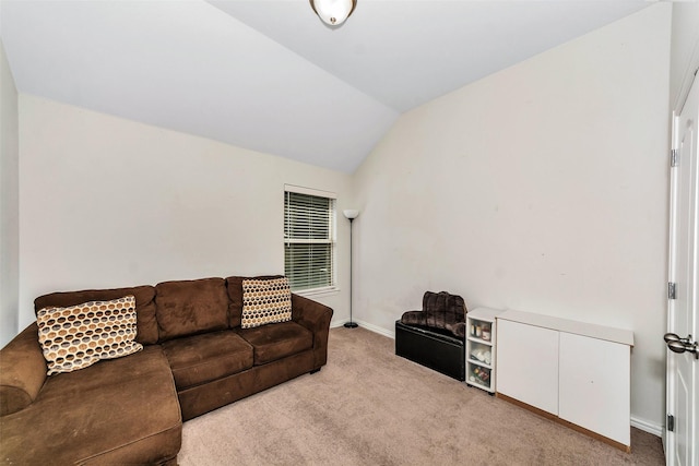 living room with light carpet and vaulted ceiling