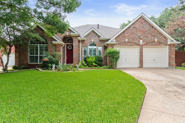 view of front of home with a front yard and a garage