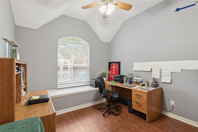 office area with ceiling fan, lofted ceiling, and hardwood / wood-style flooring