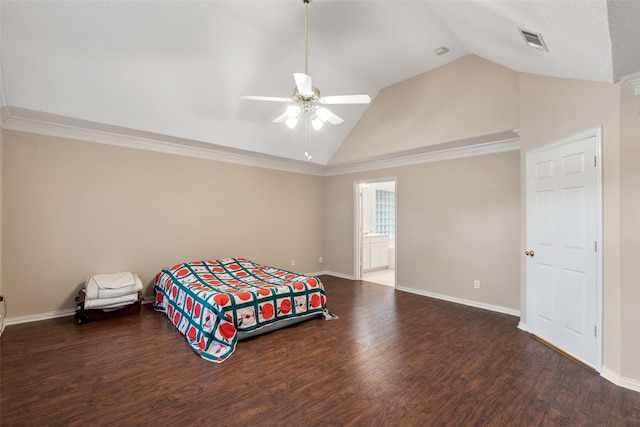 bedroom featuring dark hardwood / wood-style floors, vaulted ceiling, ceiling fan, and ornamental molding