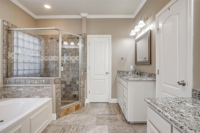 full bath featuring a shower stall, ornamental molding, and a bath