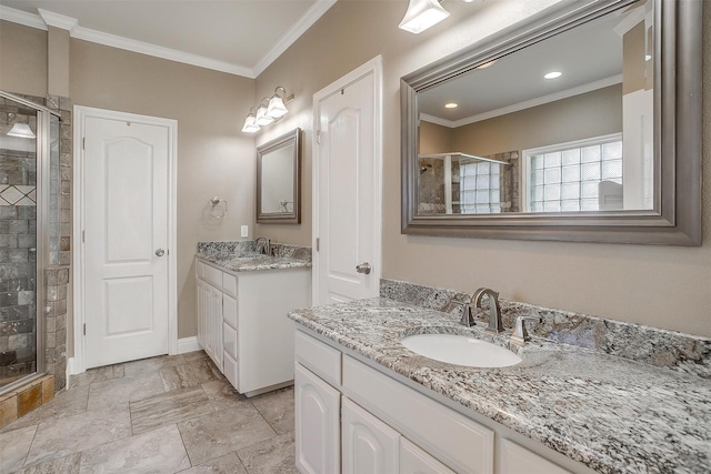 bathroom with crown molding, two vanities, a sink, and a shower stall