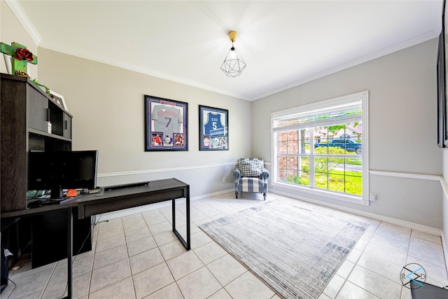 office area featuring ornamental molding and light tile patterned floors