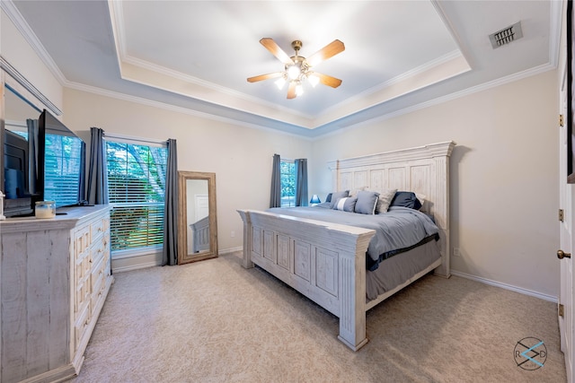 bedroom with a raised ceiling, multiple windows, and ceiling fan