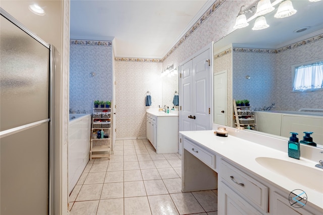 bathroom with vanity, ornamental molding, plus walk in shower, and tile patterned floors