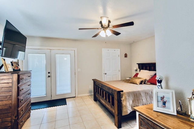 bedroom featuring ceiling fan, french doors, and light tile patterned floors