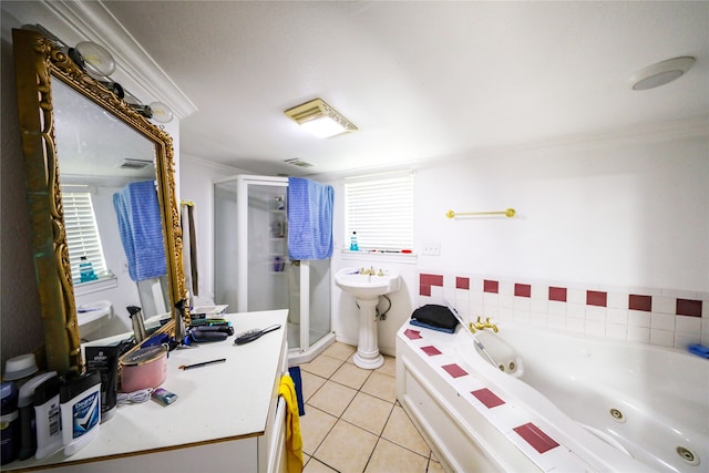 bathroom featuring shower with separate bathtub, sink, ornamental molding, and tile floors