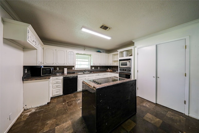 kitchen with black appliances, white cabinetry, crown molding, and dark tile floors