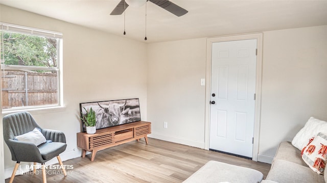 living area featuring ceiling fan and light hardwood / wood-style flooring