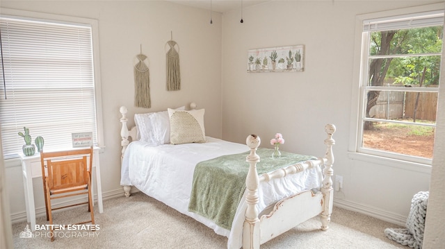 carpeted bedroom featuring multiple windows