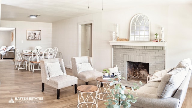 living room with a fireplace and hardwood / wood-style floors