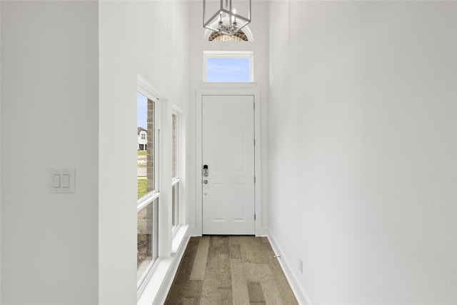 doorway to outside featuring hardwood / wood-style floors, a high ceiling, and an inviting chandelier