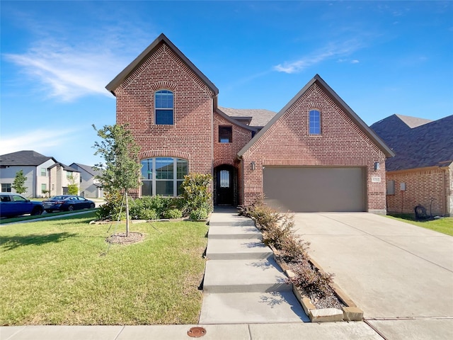 view of front of property with a garage and a front lawn