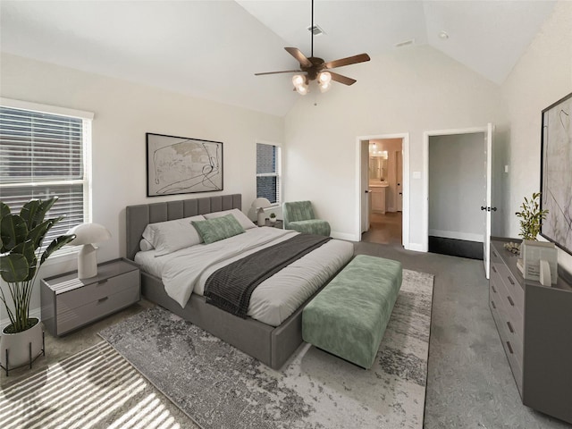 carpeted bedroom featuring ceiling fan, ensuite bathroom, and lofted ceiling