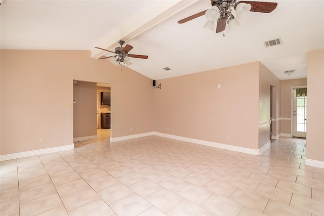 tiled empty room featuring vaulted ceiling with beams and ceiling fan