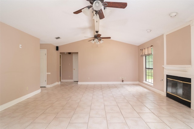 unfurnished living room with light tile patterned floors, ceiling fan, and lofted ceiling