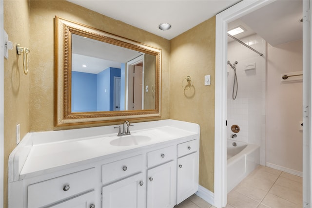 bathroom featuring tile patterned floors, tiled shower / bath combo, and vanity