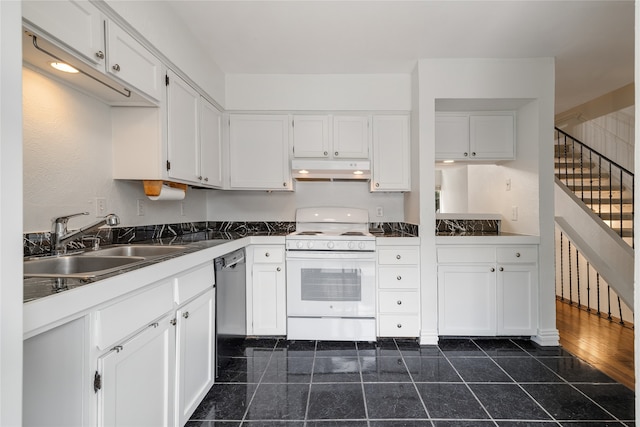 kitchen with white cabinetry, sink, dishwasher, dark hardwood / wood-style floors, and white range oven