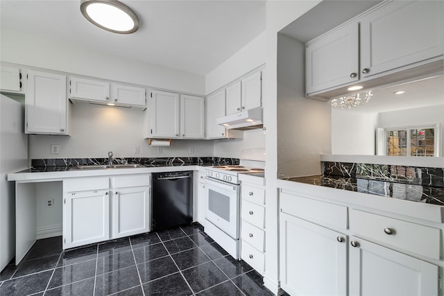 kitchen with dishwasher, sink, tile counters, white range oven, and white cabinetry