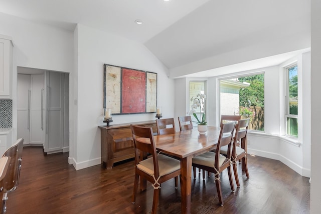 dining space featuring lofted ceiling and dark wood-type flooring