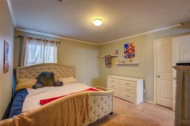 bedroom featuring light colored carpet, ornamental molding, and a textured ceiling